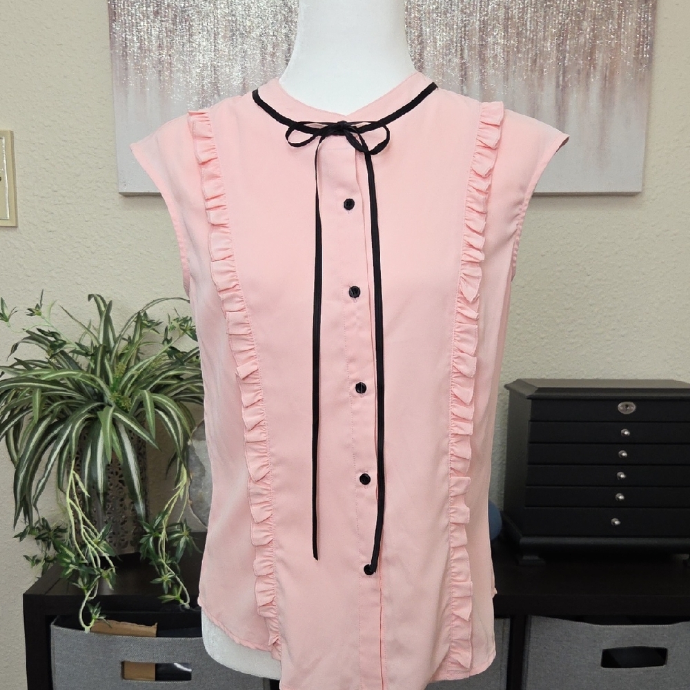 Allegra K Pink Sleeveless Ruffle Blouse with Black Tie